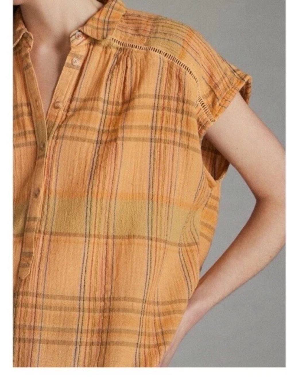 Pilcro Yellow Plaid Button Henley Top - Picture 3 of 12